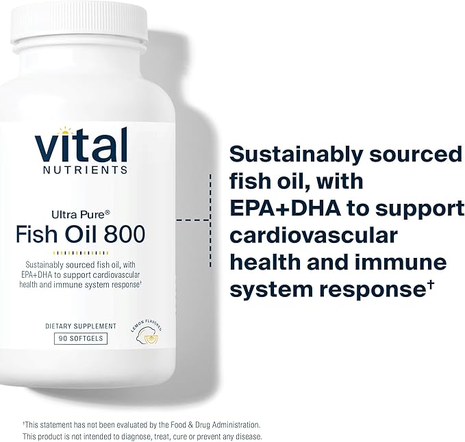 Vital Nutrients Ultra Pure® Fish Oil 800 - Supports Heart, Brain, & Immune Health* - Sustainably Sourced High EPA & DHA Omega-3 Fatty Acid - Lemon Flavor - Gluten, Dairy, Soy Free - 90 Softgels