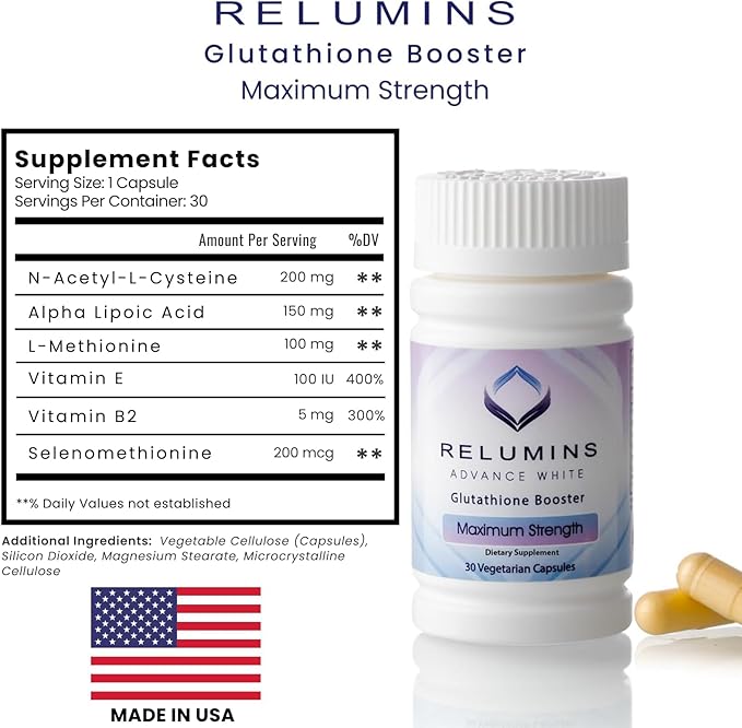 Relumins Advanced Glutathione Booster, Maximum Strength Antioxidant Supplement with Vitamins E, B2 & Selenium, Supports Balanced Wellness & Radiant Skin, 30 Vegetarian Capsules