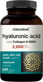 NatureBell Hyaluronic Acid 2,000mg with Collagen & MSM - 240 Capsules - Skin Hydration, Hair, Nail & Joint Support - Water Soluble Formula for Easy Absorption* - Non-GMO & Gluten-Free