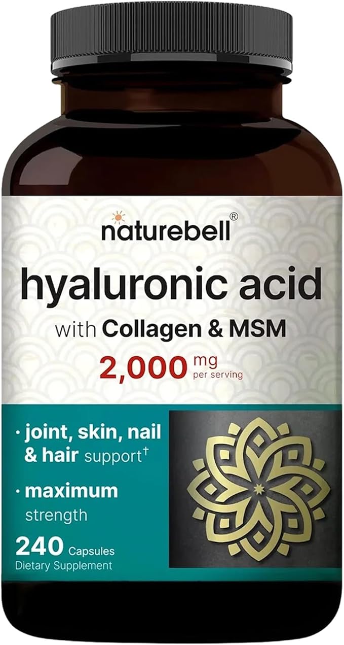 NatureBell Hyaluronic Acid 2,000mg with Collagen & MSM - 240 Capsules - Skin Hydration, Hair, Nail & Joint Support - Water Soluble Formula for Easy Absorption* - Non-GMO & Gluten-Free