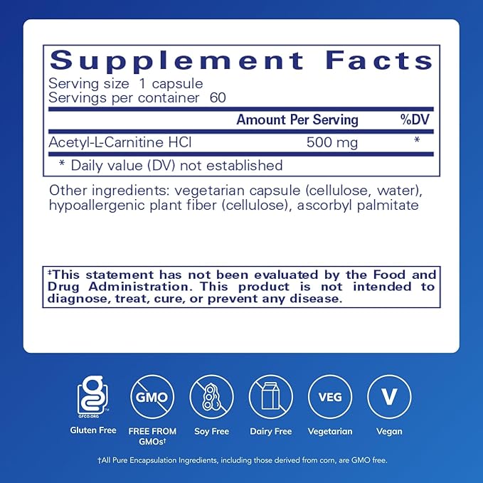 Pure Encapsulations Acetyl-L-Carnitine 500 mg - Memory & Brain Supplement - Brain Support & Focus* - Gluten Free & Non-GMO - 60 Capsules