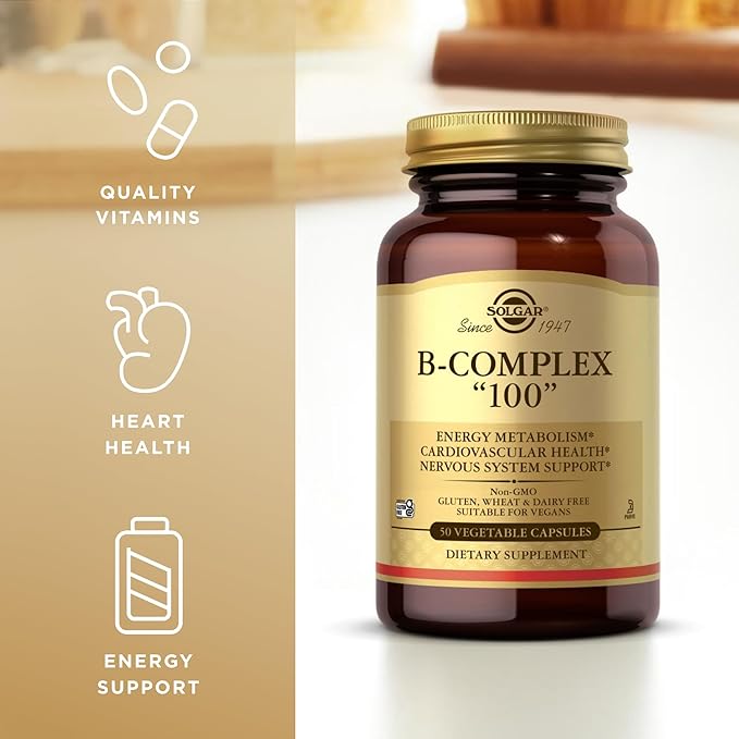Solgar B-Complex "100", 50 Vegetable Capsules - Nervous System Support - Supports Energy Metabolism - Non-GMO, Vegan, Gluten Free, Dairy Free, Kosher - 50 Servings
