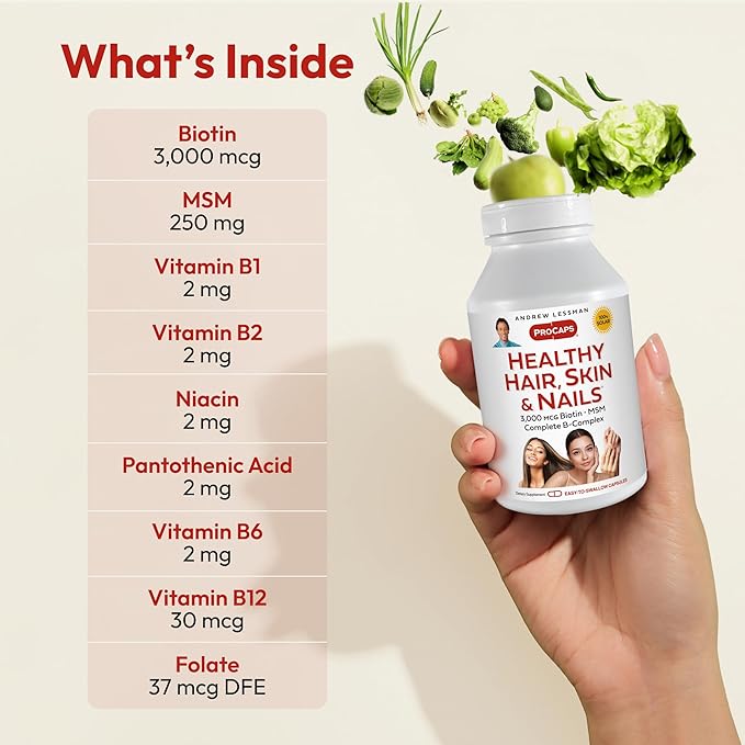 ANDREW LESSMAN Healthy Hair, Skin and Nails 120 Capsules - 3000 mcg High Bioactivity Biotin, B-Complex. Promotes Beautiful Skin, Strong Nails. No Additives Hair Growth Vitamins Biotin Supplement