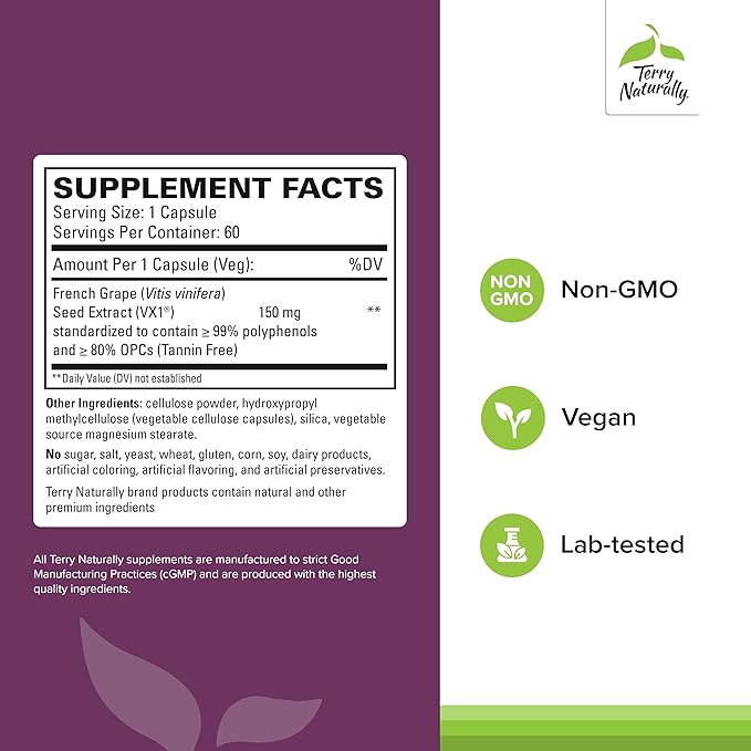Terry Naturally Clinical OPC - Cardiovascular Health & Focus Support Supplement - Dietary Supplement with Grape Seed Extract & Sunflower Lecithin - Immune Support Supplement - 150 mg, 60 Softgels