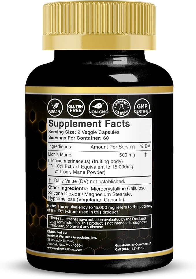 Lions Mane Supplement Capsules - 120 Count - Mushroom Supplement, Brain Supplements for Memory and Focus, Lion's Mane Mushroom Capsules - Cognitive & Immune Support, Focus Supplement - 2 Pack