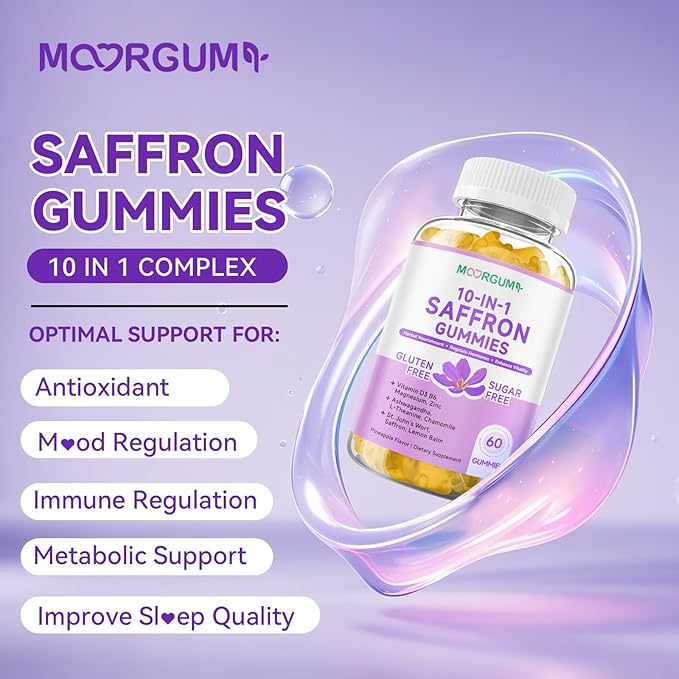 Saffron Gummies for Adult Kids, 10-IN-1 Cortisol Support Supplement with Saffron 88.5mg, Vitamin D3, B6, Magnesium, Zinc, Ashwagandha, L-Theanine, St. John's Wort, For Emotions, Slumber, 60 Count