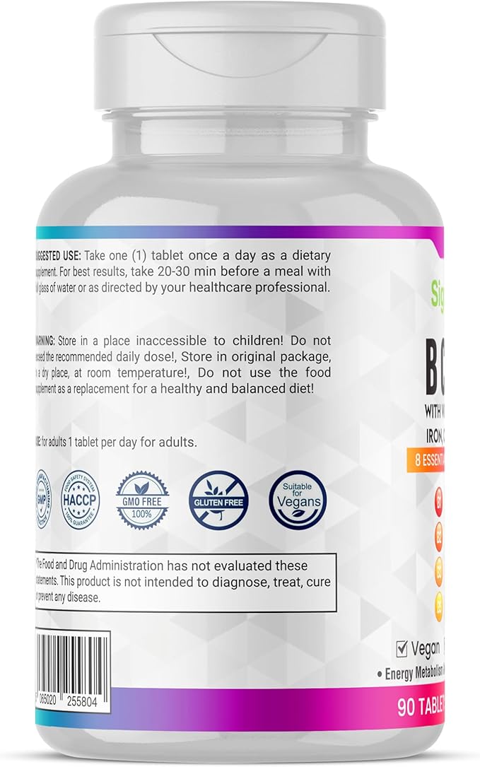 Vitamin B Complex with Vitamin C, Iron, Magnesium & Choline - High Potency B1-B12 Tablets - Energy, Metabolism & Nervous System Support - Vegan, Non-GMO - 90 Tablets