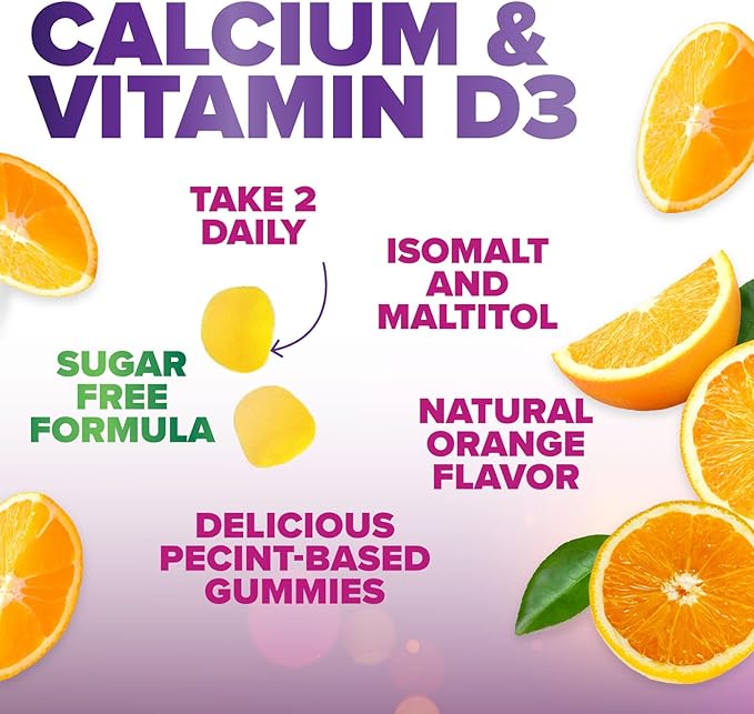 Calcium Supplement Gummies - Sugar Free Calcium Gummy with Vitamin D3 for Best Absorption - Supports Immune Health, Bones & Teeth - Nature's Calcium Chews for Women & Men, Orange Flavor - 120 Gummies