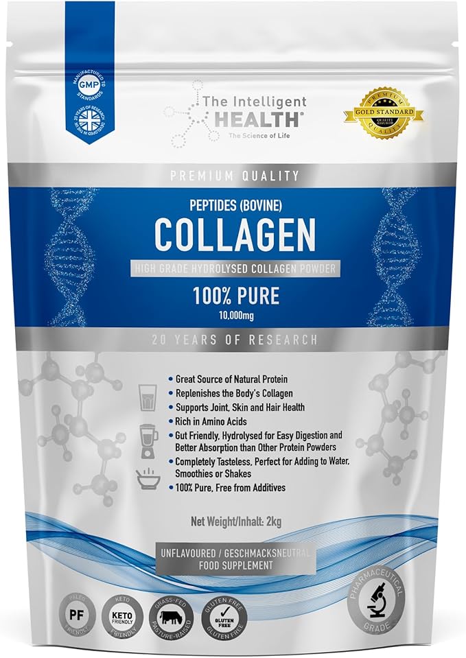 The Intelligent Health Hydrolysed Collagen Powder (Bovine) - High Protein Grass Fed Unflavoured Peptides - Collagen Supplements for Women | Gluten Free, Paleo & Keto Friendly (2Kg)