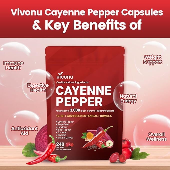 Cayenne Pepper Softgels Supplement, Supports Leg Vein, Heart and Blood Vessel Health, with Vitamin E D3+K2 and Extracts of Grape Seed, Hawthorn, Beetroot, Berberine and Others (Softgels / 1 Bag)