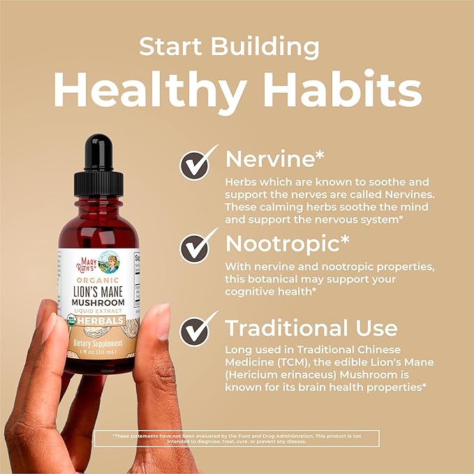 MaryRuth Organics Lions Mane Mushroom Supplement, Up to 1 Month Supply, Nootropic USDA Organic Lions Mane Extract Nervine Herbal Liquid Drops, Brain Health Non-GMO Vegan Alcohol Free Tincture, 1 Fl Oz
