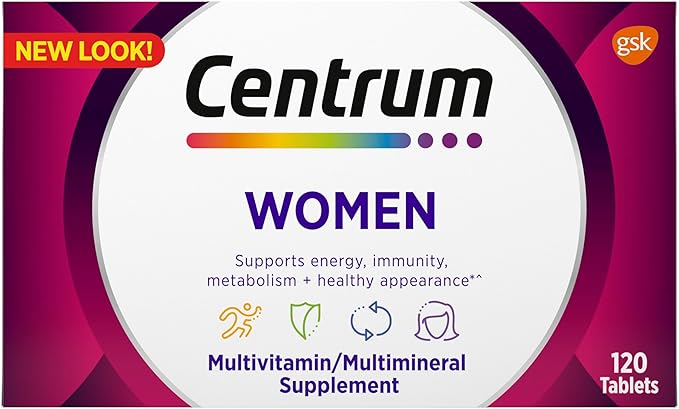 Centrum Multivitamin for Women, Multivitamin/Multimineral Supplement with Iron, Vitamin D3, B Vitamins and Antioxidant Vitamins C and E, Gluten Free, Non-GMO Ingredients - 120 Count