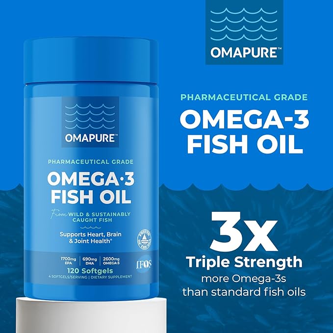 OMAPURE Fish Oil Supplements with Omega 3 Fatty Acids (1 Bottle, 120 Softgels) - High EPA, DHA, & IFOS Fish Oil Pills Support Heart & Joint Health - Burpless Fish Oil Promotes Brain Function