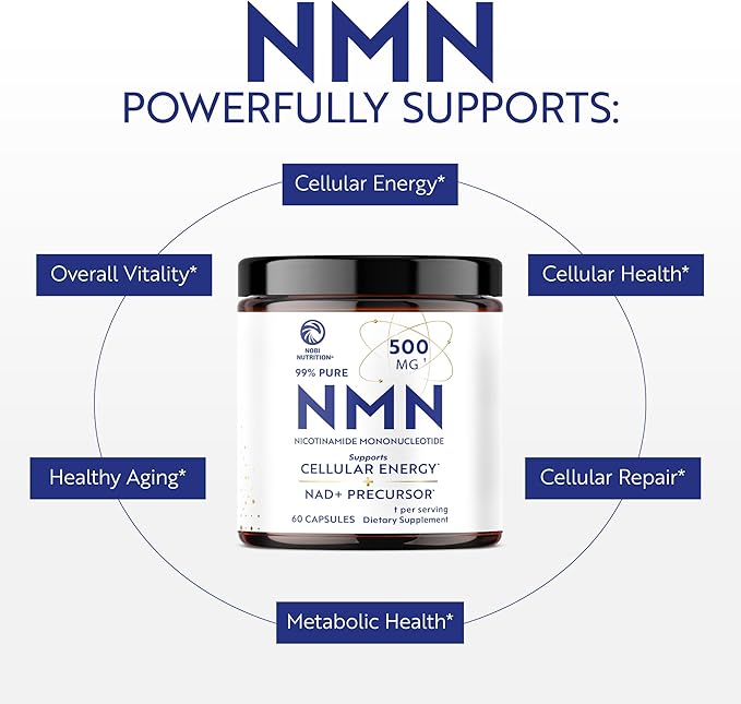 NMN Supplement 500mg | 99% Pure | NAD+ Precursor for Cellular Energy, Longevity, Repair, and Healthy Aging Support | Third-Party Tested & Non-GMO | Nicotinamide Mononucleotide | 60 NMN Capsules