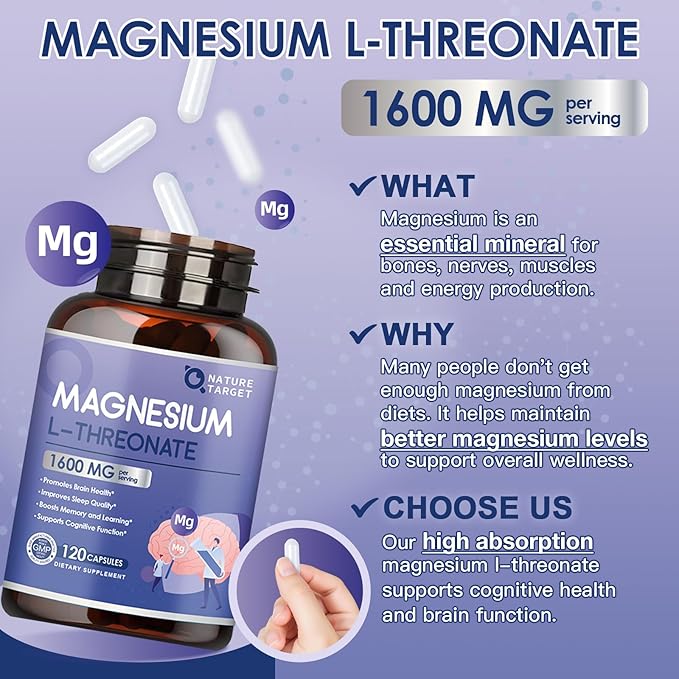 Magnesium L-Threonate Capsules, High Absorption Magnesium Supplement 1600mg, Chelated Magnesium for Brain, Cognitive, Sleep & Muscle Support, Gentle on Stomach, 120 Vegan Capsules