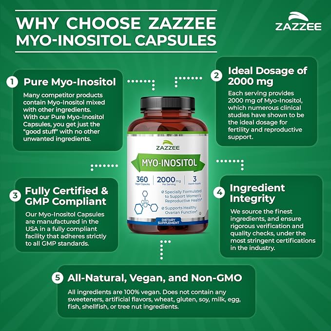 Zazzee Myo-Inositol Capsules, 2000 mg per Serving, 360 Vegan Capsules, Ideal Dosage for 40:1 Ratio, Kosher, 100% Vegetarian, Hormone Balance & Healthy Ovarian Function Support, All-Natural and Non-GMO