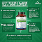 Zazzee Myo-Inositol Capsules, 2000 mg per Serving, 360 Vegan Capsules, Ideal Dosage for 40:1 Ratio, Kosher, 100% Vegetarian, Hormone Balance & Healthy Ovarian Function Support, All-Natural and Non-GMO