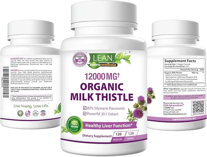 Milk Thistle Liver Cleanse Detox & Repair Support Organic Supplement, 12000 Mg 120 Day 30X Seed Extract with Silymarin, MD Super Ultra Herbal Kidney Lung Renew Aid Health Formula Pills, 120 Capsules