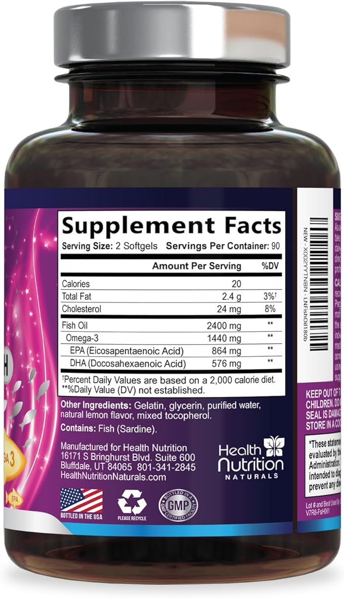 Omega 3 Fish Oil Supplements - 2400mg Fish Oil Per Serving - Triple Strength Omega-3 with EPA & DHA Fatty Acids - Natural Heart, Brain & Immune Support - Wild Caught, Bottled in USA - 180 Softgels