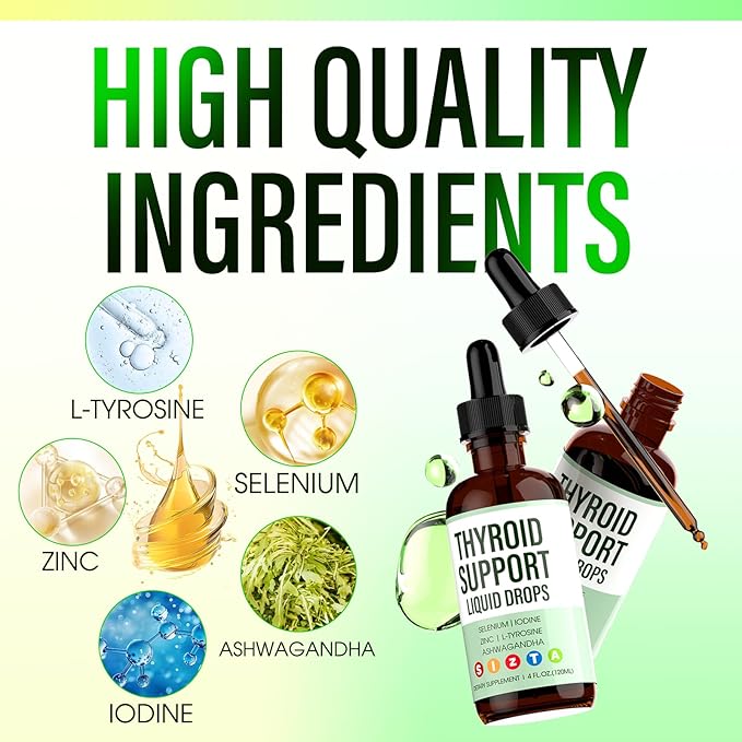 Thyroid Support Liquid Drops – Iodine Drops with Selenium, Zinc, L-Tyrosine & Ashwagandha – Supports Metabolism, Energy & Hormonal Balance for Women & Men