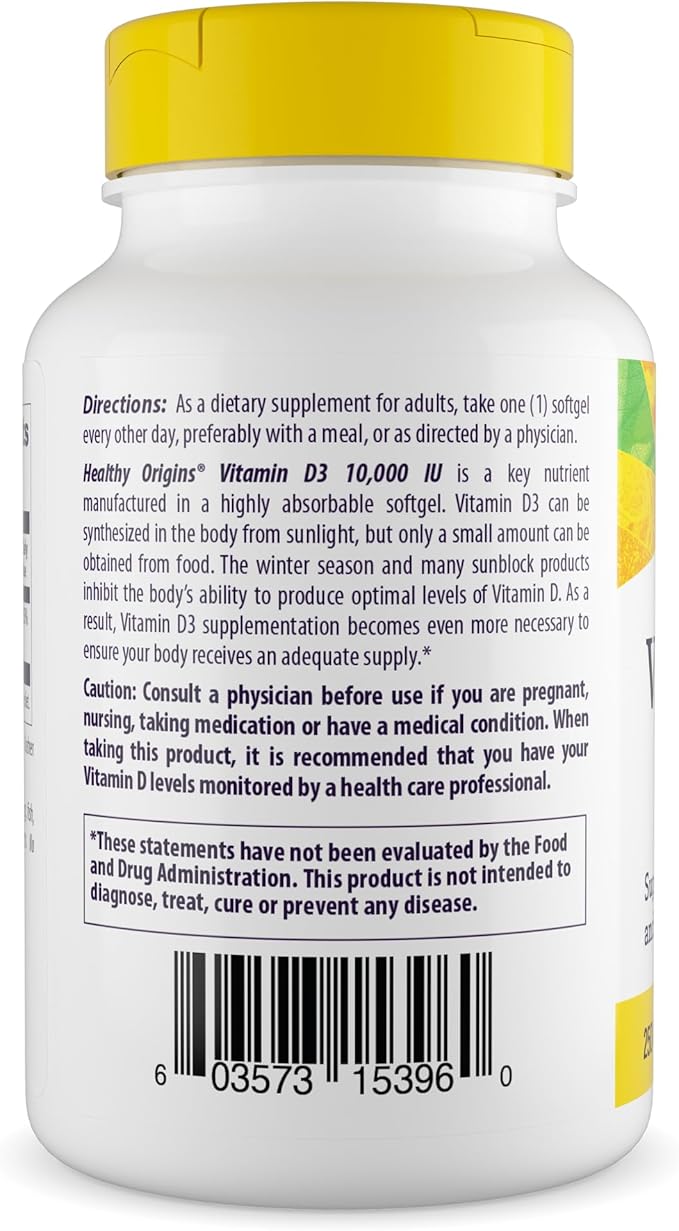 Healthy Origins Vitamin D3 10,000 IU (250mcg), 120 Liquid Softgels - Supports Strong Bones, Healthy Teeth & Immune System Function - Non-GMO, Gluten-Free & Soy-Free