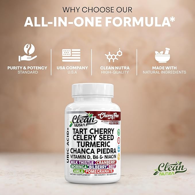 Cherry Flow Tart Cherry Capsules Uric Acid Support Celery Seed Turmeric Chanca Piedra Vitamin D Vitamin B6 Niacin Milk Thistle Moringa Extract Pomegranate Beets 90 Count By Clean Nutra