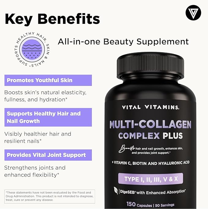 Vital Vitamins Multi Collagen Plus Capsules (2-Pack) - with Biotin, Hyaluronic Acid, Vitamin C - Type I, II, III, V, X Peptides - Collagen Supplements for Men & Women - Hair, Skin, Nails Complex