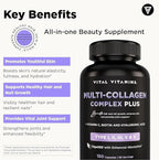 Vital Vitamins Multi Collagen Plus Capsules (2-Pack) - with Biotin, Hyaluronic Acid, Vitamin C - Type I, II, III, V, X Peptides - Collagen Supplements for Men & Women - Hair, Skin, Nails Complex
