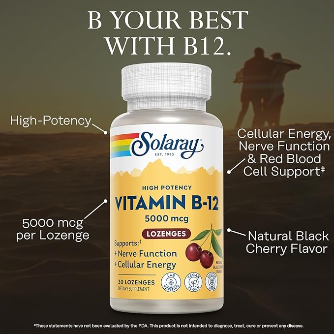 SOLARAY High Potency Vitamin B12 Lozenges 5000mcg - w/Methylcobalamin (Methyl B12), Nerve Function and Cellular Energy Support, Natural Black Cherry, Vegan, Gluten Free, 60-Day Guarantee, 30 Servings