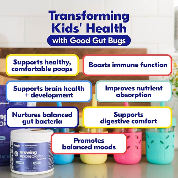 Begin Health Growing Up Prebiotics for Kids | Daily Prebiotic Fiber Supplement with 2'-FL HMO | Supports Regularity & Gut Health | Unflavored Powder | Ages 1+ | 56 Servings