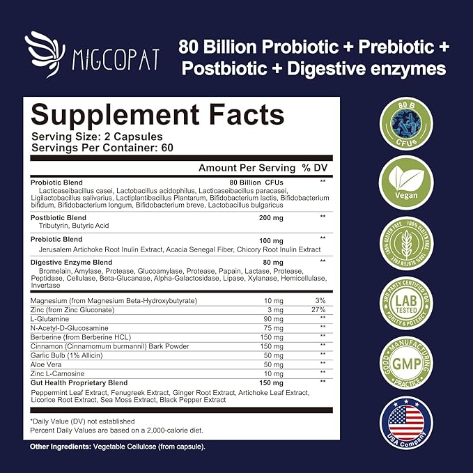 Migcopat Probiotics for Digestive Health, 80 Billion CFU Probiotics, Prebiotics, Postbiotics & Digestive Enzymes, Gut Health Capsules with Berberine, Cinnamon, L-Glutamine, for Men & Women, 240 Counts