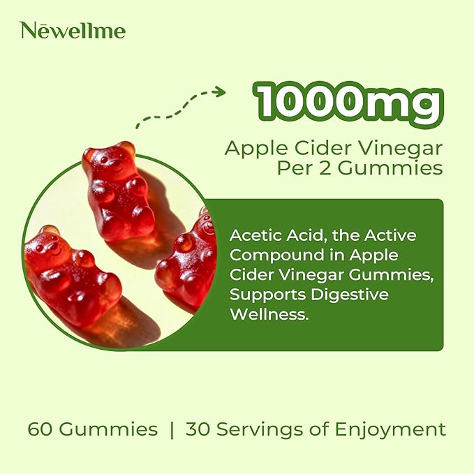 NEWELLME Sugar-Free Apple Cider Vinegar Gummies for Metabolism - 1000mg ACV with The Mother & Vitamin B12 for Energy Support - Vegan, Gluten-Free,120 Counts