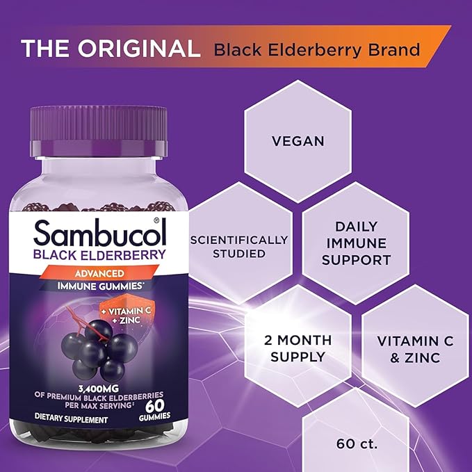 Sambucol Elderberry Gummies - Immune Support Supplement for Adults with Vitamin C & Zinc, Sambucus Elderberry with High Antioxidants, Gluten Free, Vegan - 60 Count