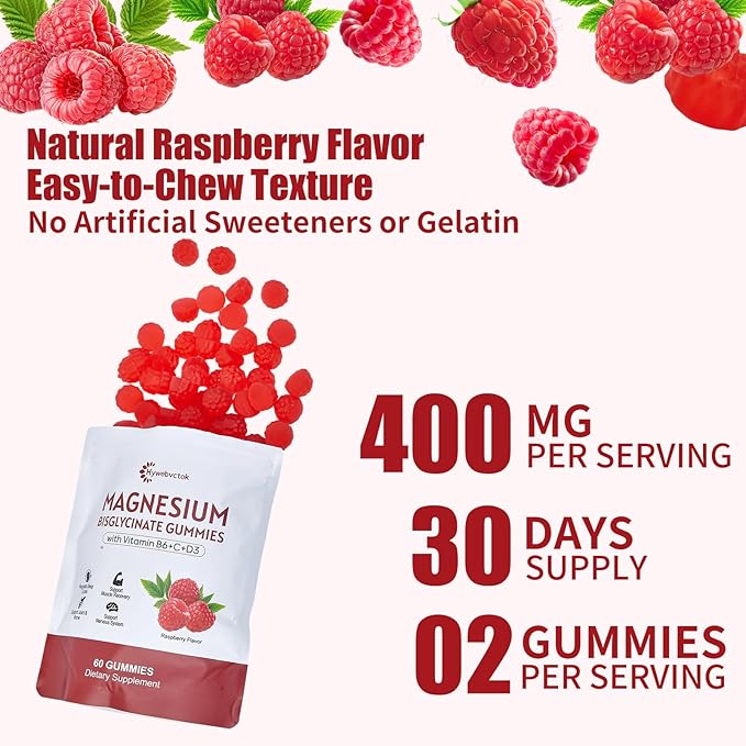Hywebvctok 400mg Magnesium Bisglycinate Gummies with Vitamin B6, C, D3, Promotes Muscle & Nerve Function, Relaxation & Wellness, Raspberry Flavor, 60 Count