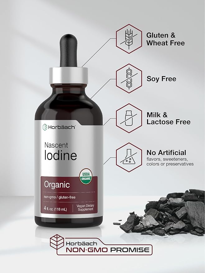 Horbaach Nascent Iodine Drops | 4 Fl Oz | Organic Liquid Tincture Supplement | as Potassium Iodide | Vegan, Non-GMO, and Gluten Free
