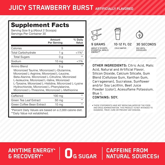 Optimum Nutrition Amino Energy - Pre Workout with Green Tea, BCAA, Amino Acids, Keto Friendly, Green Coffee Extract, Energy Powder - Juicy Strawberry Burst, 9.5 Ounce, 30 Servings (Packaging May Vary)