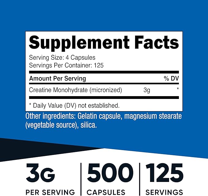 Nutricost Micronized Creatine Monohydrate 3,000mg 500 Capsules, 125 Servings, 750mg of Creatine Monohydrate Per Capsule (Pack of 2)