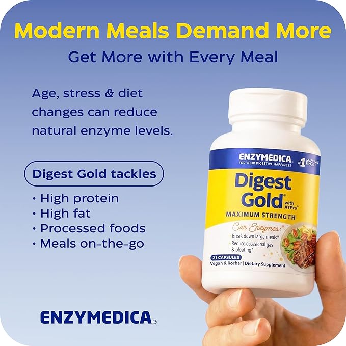 Enzymedica Digest Gold + ATPro, Maximum Strength Enzyme Formula, Fast-Acting, Helps Digest Large Meals, Prevents Bloating and Gas, 120 Capsules