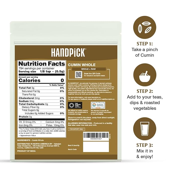 HANDPICK Cumin Seeds (397g/14oz) Non GMO, Gluten Free, 100% Raw, Sourced from India, Excellent Flavor, Aromatic, For Tempering, Spice Blends and Seasonings, Packed in Resealable Ziplock Pouch
