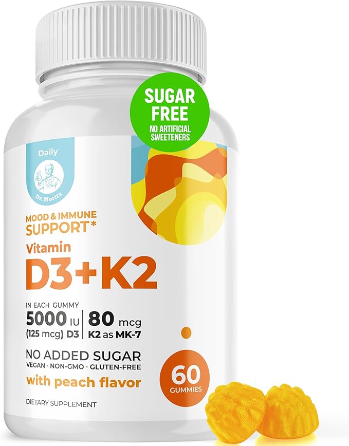 DR. MORITZ Vitamin D3 Gummies (5000 IU) with K2 - for Adults and Kids - Vitamin D3 K2 Gummies for Immune Support & Bone Health - Vegan, Sugar Free, Gluten Free (60 Count)