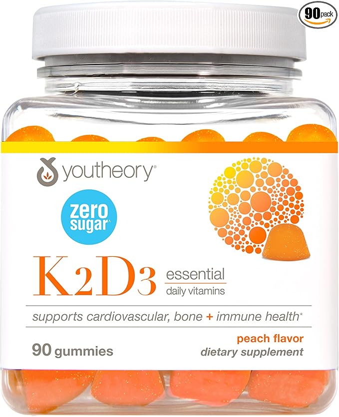 Youtheory K2D3 - Immune, Bone & Heart Health Support - Combines Vitamin D3 & Vitamin K2 - Dairy, Soy & Gluten Free - 90 Vegetarian Capsules
