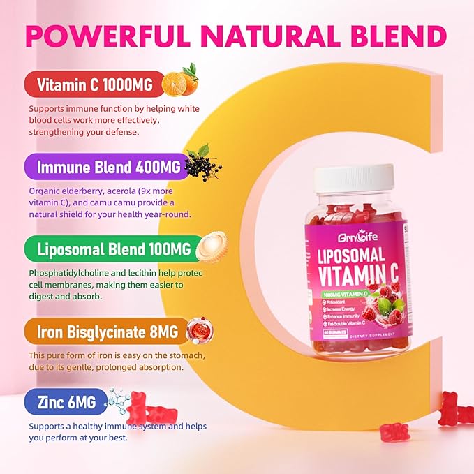 2 Pack Liposomal Vitamin C 1000mg Gummies for Adults Kids, 1500mg Chewable Vitamin C w/Iron, Zinc & Elderberry - Immune Support & Energy, Collagen Booster, Raspberry, 120 Count