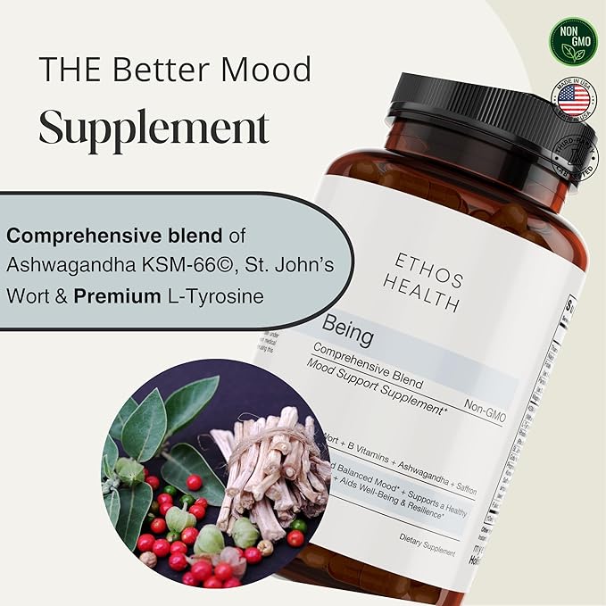 Mood Support Vegan Capsules – Organic KSM‑66 Ashwagandha, St John’s Wort, Rhodiola, Saffron, Panax Ginseng & L‑Tyrosine – Natural Emotional Balance, Energy & Focus – 60ct