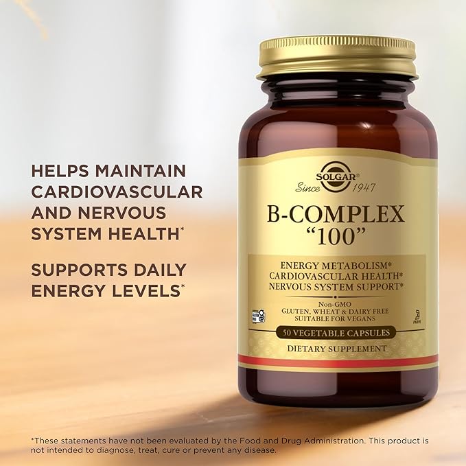 Solgar B-Complex "100", 50 Vegetable Capsules - Nervous System Support - Supports Energy Metabolism - Non-GMO, Vegan, Gluten Free, Dairy Free, Kosher - 50 Servings