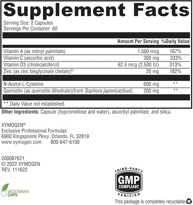 XYMOGEN Immune Essentials Daily - Vitamin C, Zinc & Quercetin - Daily Immune, Antioxidant & Respiratory Support - Long-Term Immune Nutrition - Vegan & Gluten-Free - 120 Capsules