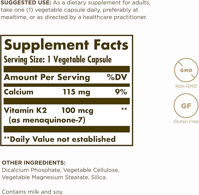 Solgar Naturally Sourced Vitamin K2 (MK-7) 100 mcg - 50 Vegetable Capsules, Pack of 2 - Supports Bone Health - Whole Food Source from Natto Extract - Non-GMO, Gluten Free - 100 Total Servings