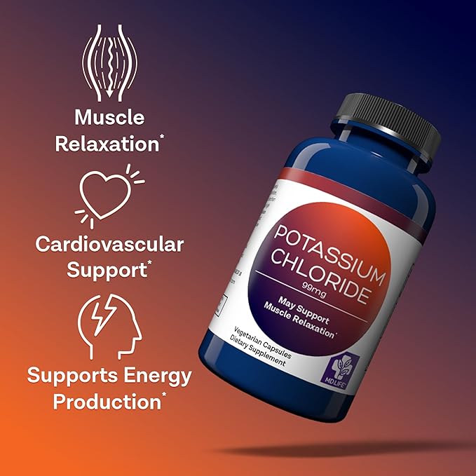 MD Life Potassium Chloride Supplement - Third Party Lab Tested - Potassium Chloride Capsules May Help Support Muscle Function & Healthy Blood Pressure Vegetarian Potassium Supplement (60 Capsules)
