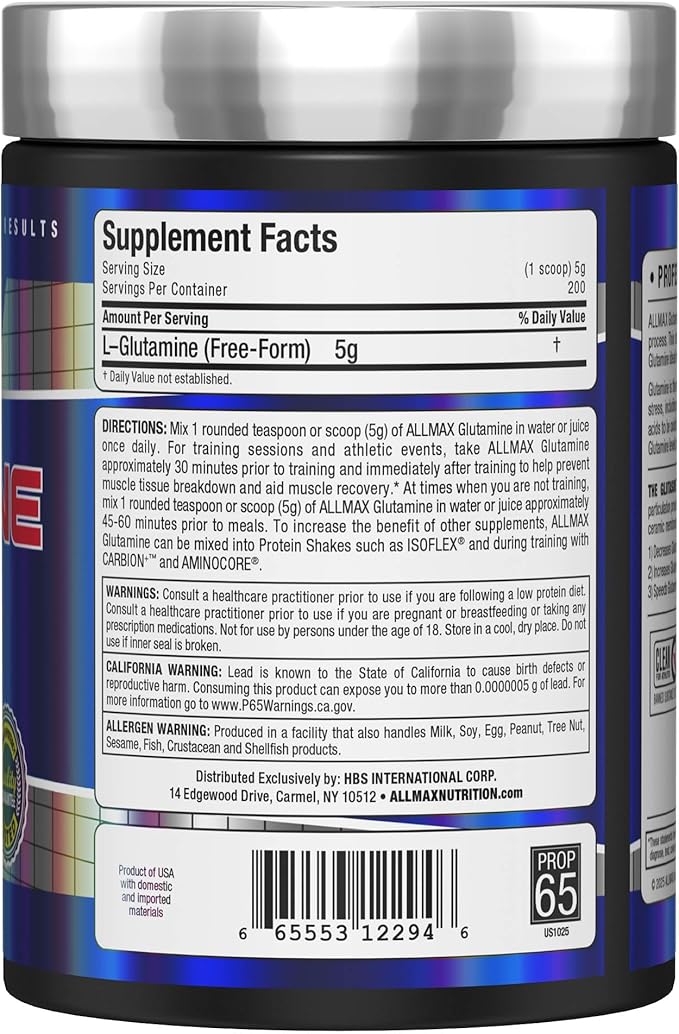 ALLMAX L Glutamine Powder 1000g, Fermented L-Glutamine Powder Pure, Unflavored Glutamine Supplement for Gut Health, Recovery & Immune Support, Vegan, Gluten Free
