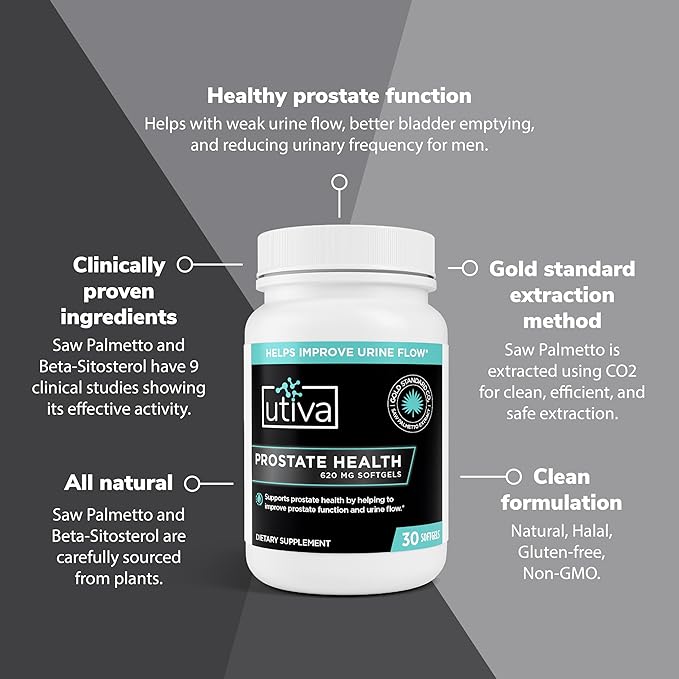 Utiva Prostate Health - Natural Formula for Healthy Function and Urine Flow - Prostate Supplement for Men - Beta-Sitosterol and Saw Palmetto for Men - 30 Softgels