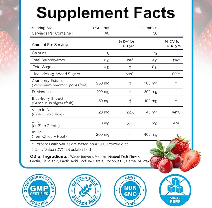 ABYSSUS Cranberry Gummies for Kids, D-Mannose with Cranberry Supplement, Elderberry & Vitamin C & Zinc, Urinary Tract Health & Immune Support, 60 Count